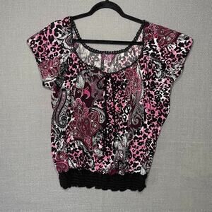 Judith 1X Y2K Boho Glam Paisley Leopard Smocked Waist Pink Top Bold Maximalist